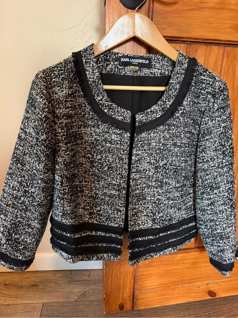 Karl Lagerfeld Paris Black & White Tweed Fringe Jacket - Size XL